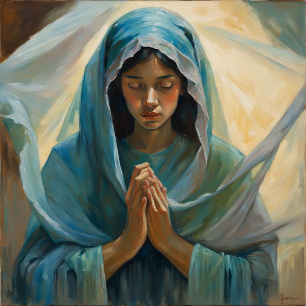 Serene Woman Removing Veil: Oil Painting