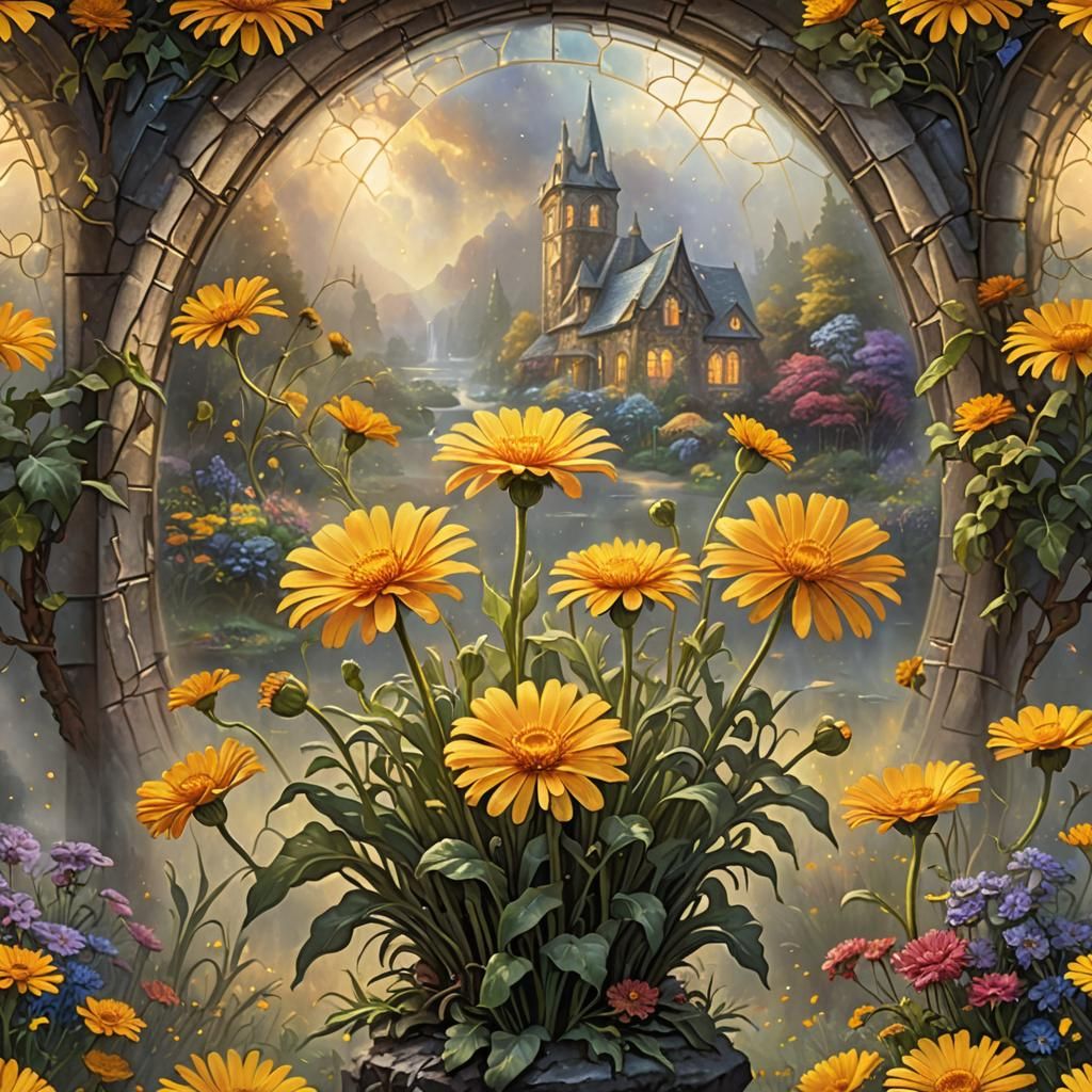 Stained Glass Oval with Yellow Calendula Flower