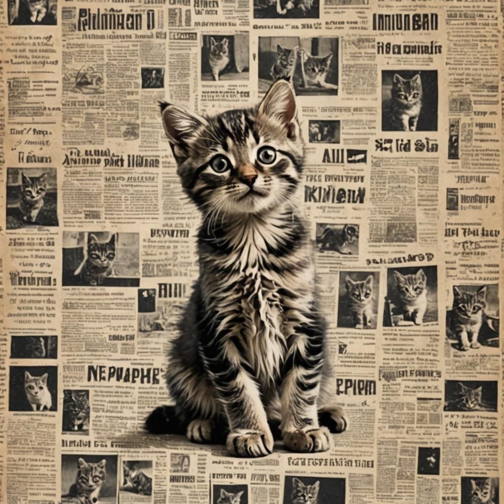 Whimsical Newspaper Print Kitten