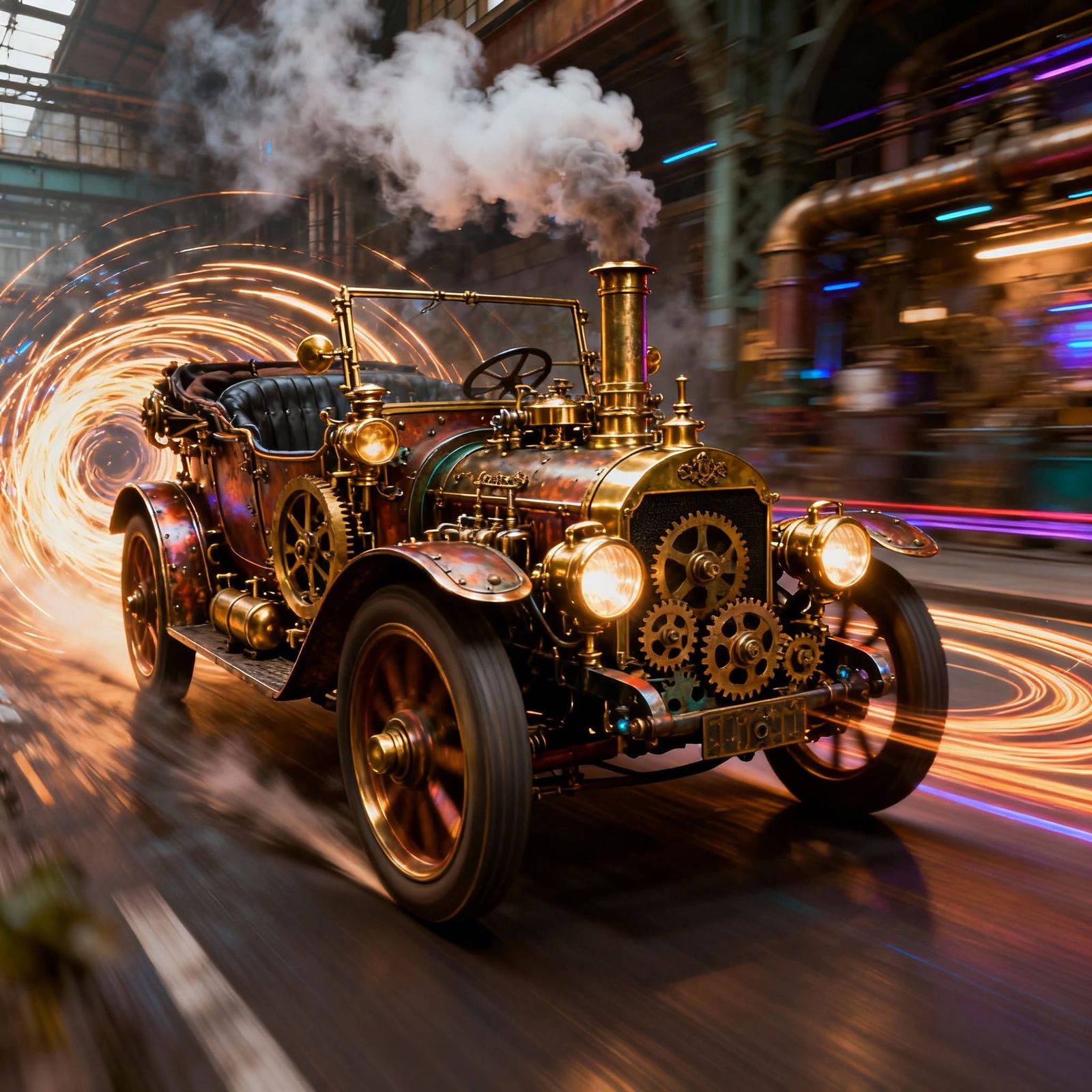 Steampunk Car in Vortex Motion Blurs Digital Art