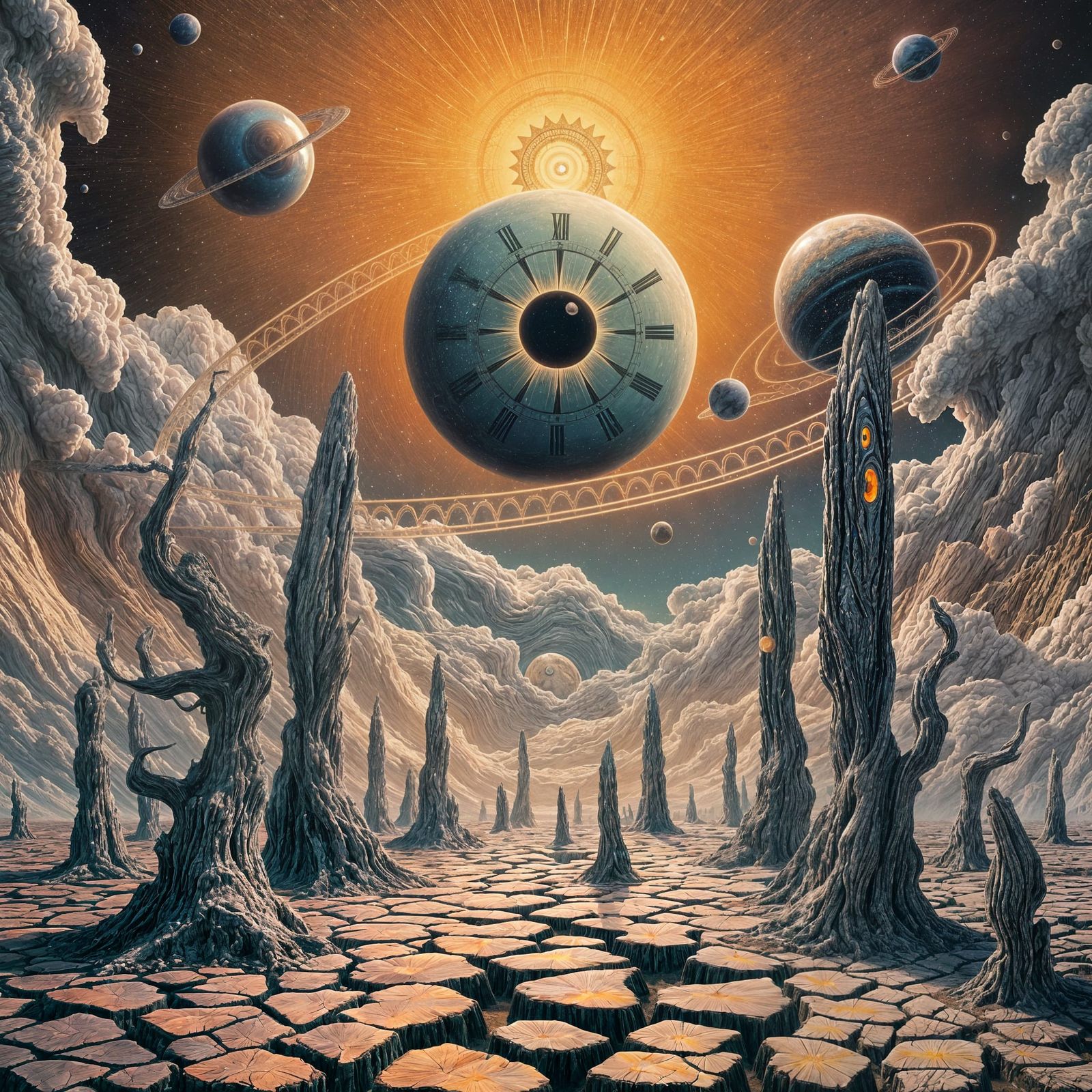 Cosmic Clockwork Planets Orbit Giant Eye in Surreal Landscap...