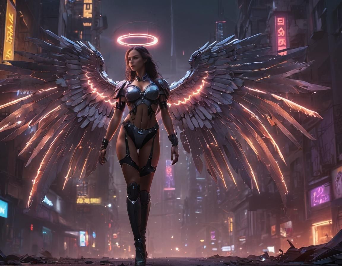 Neon Angel in Cyberpunk Cityscape