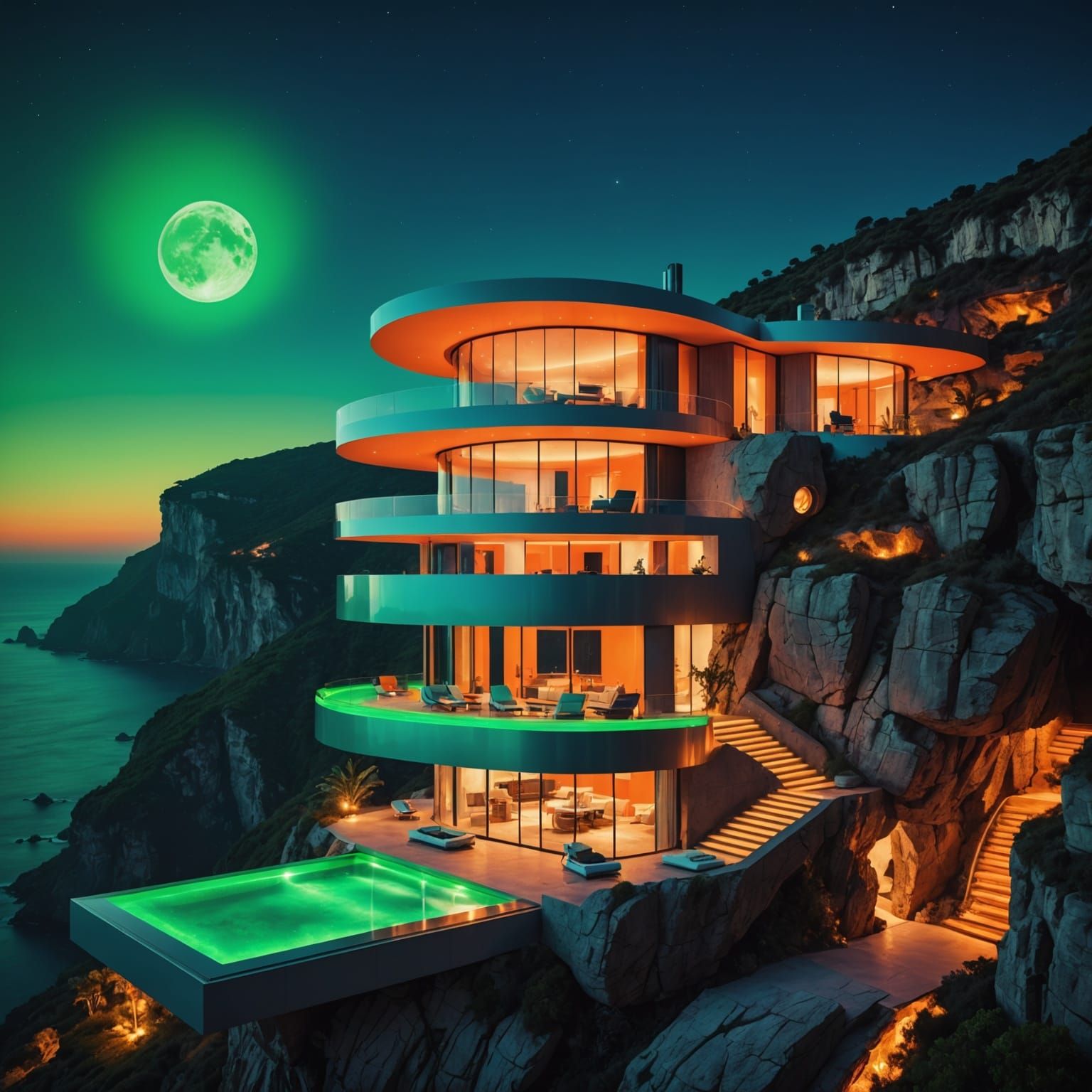 Futuristic Cliffside Villa with Neon Accents