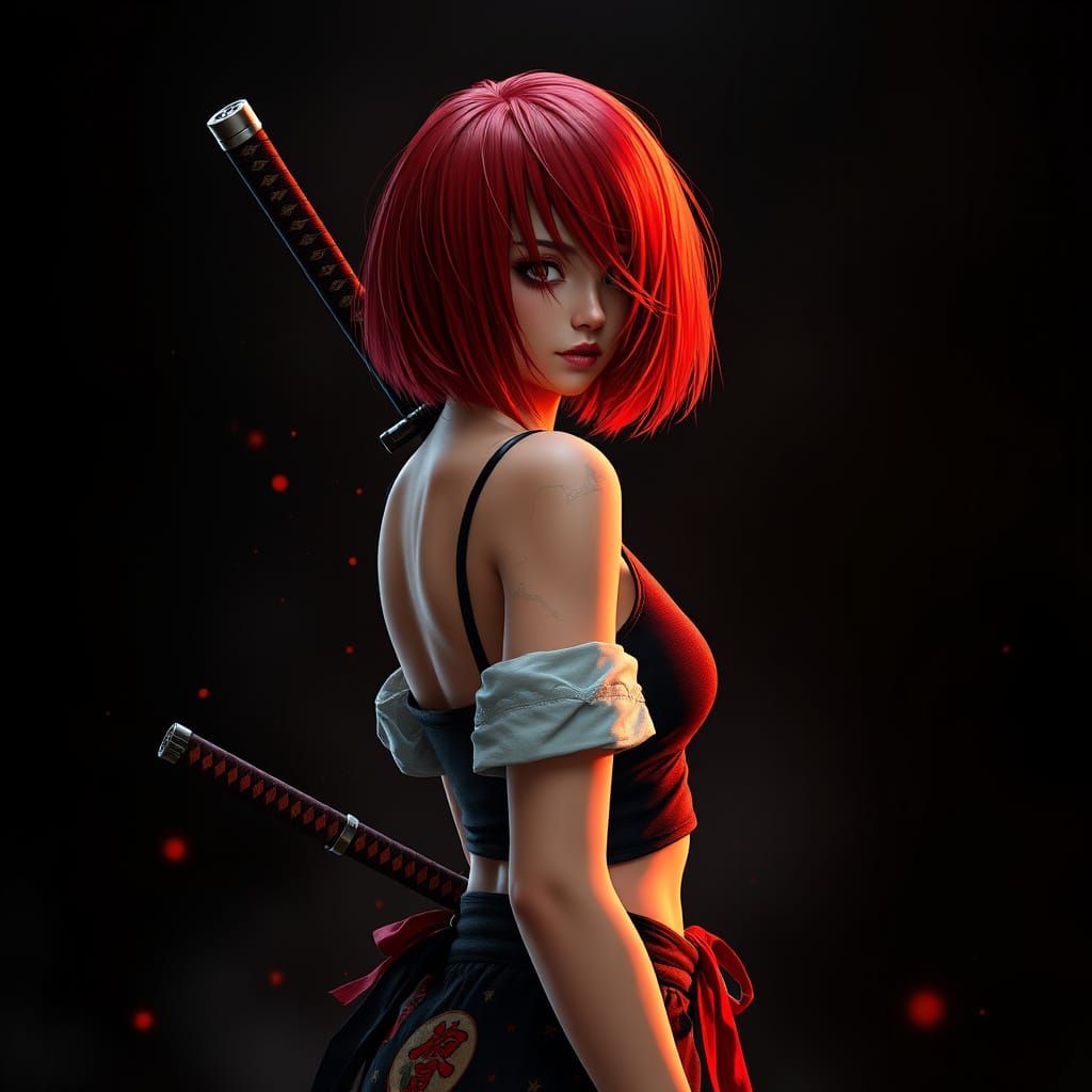 Redhead with Katana, Hyperdetailed Portrait