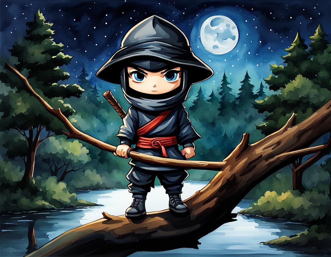 Moody Watercolor of Chibi Ninja in Moonlit Scene