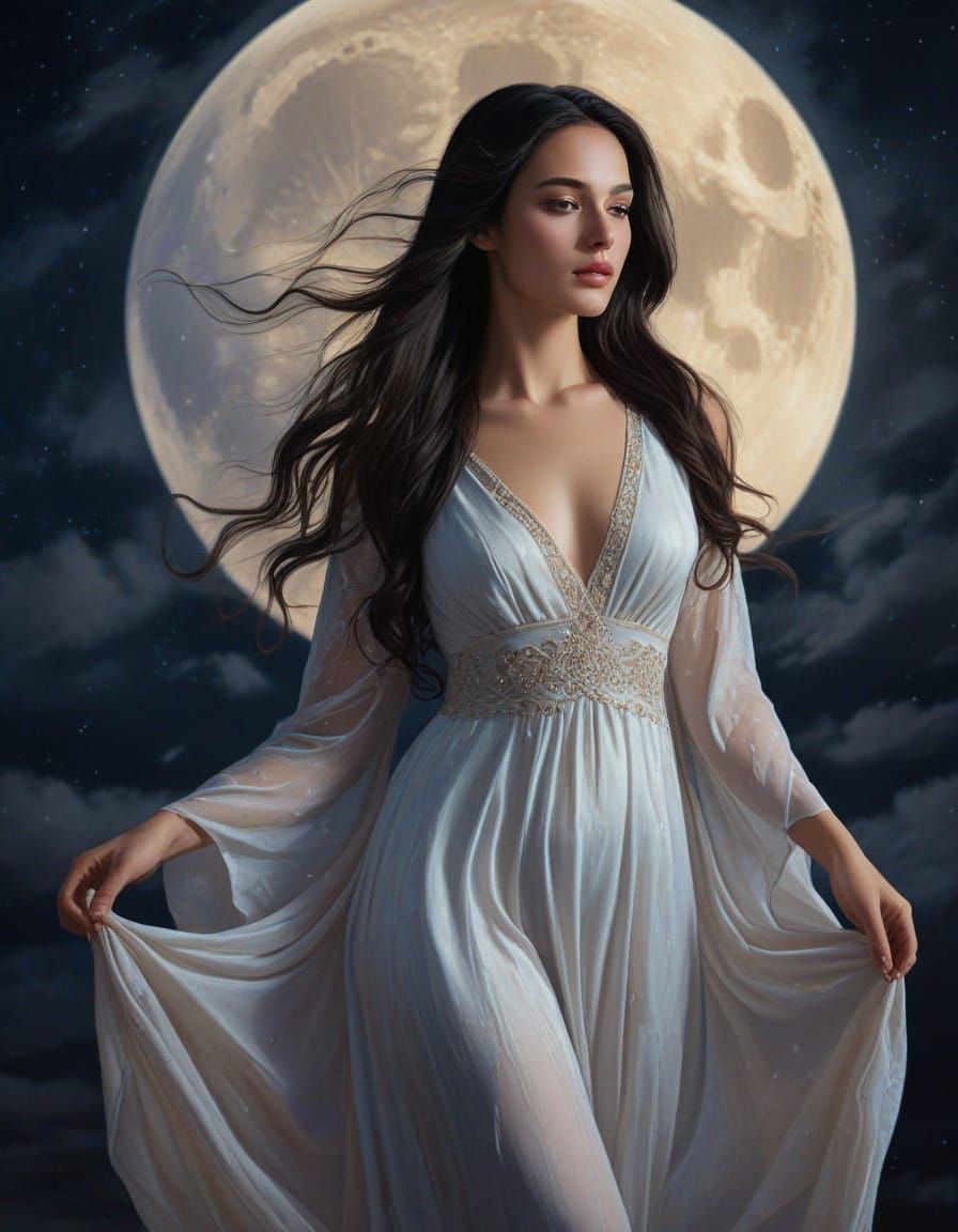 Ethereal Goddess in Oil Painting with Lunar Glow