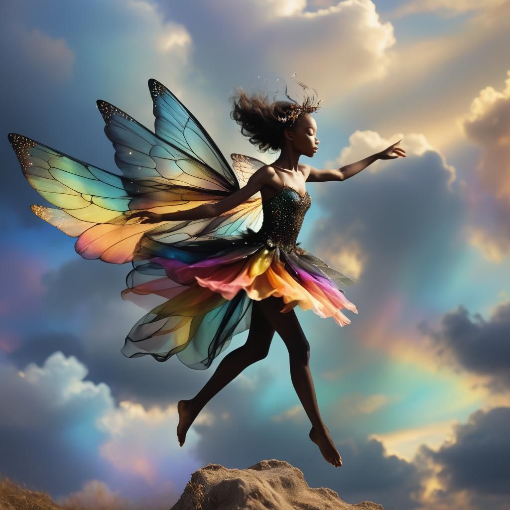 Black Fairy Flies in Multicolored Sky, Macro Photography