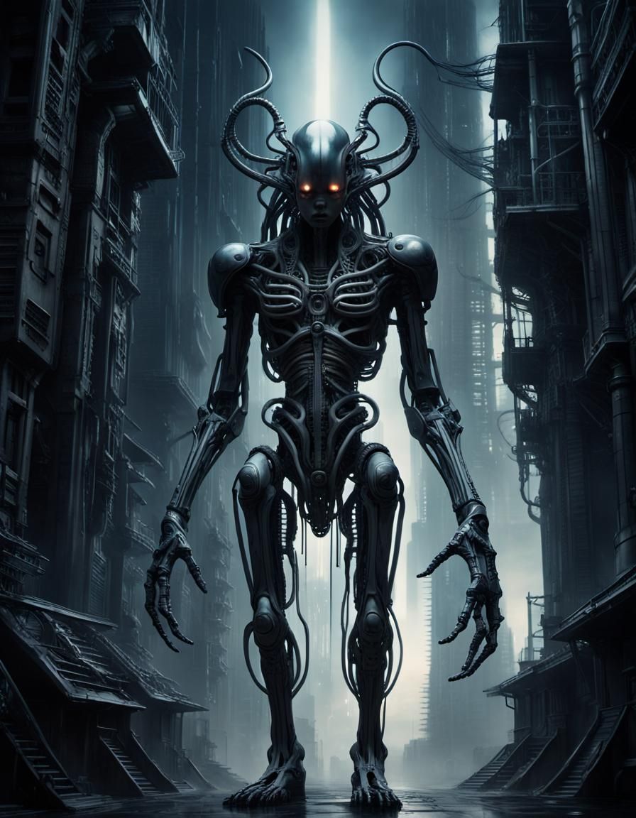 Stygian Biomechanical Art in a Futuristic Cityscape