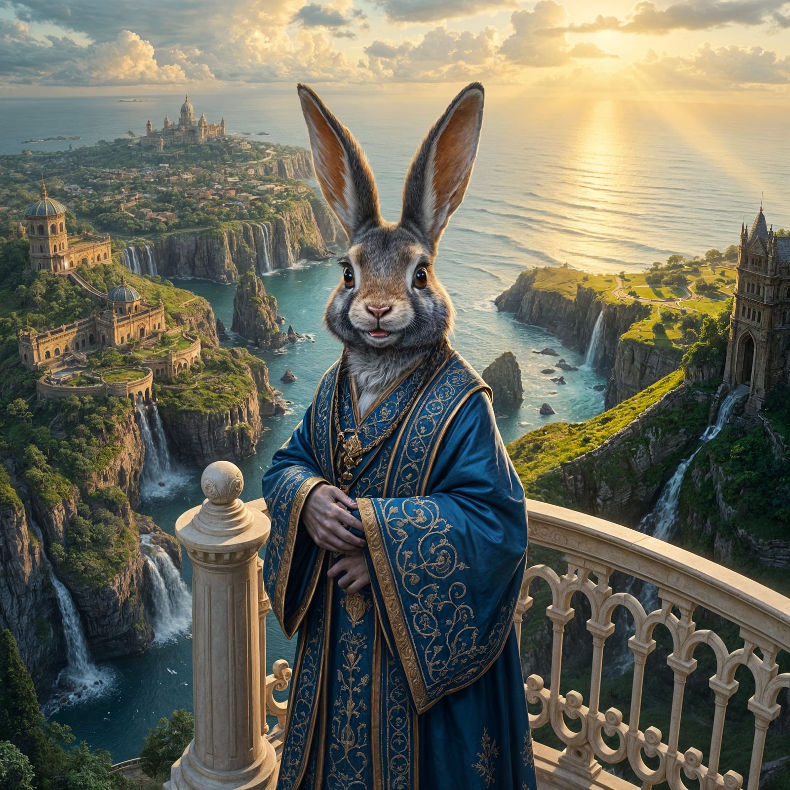 Smiling Bunny Scholar Overlooking Coastal Vista