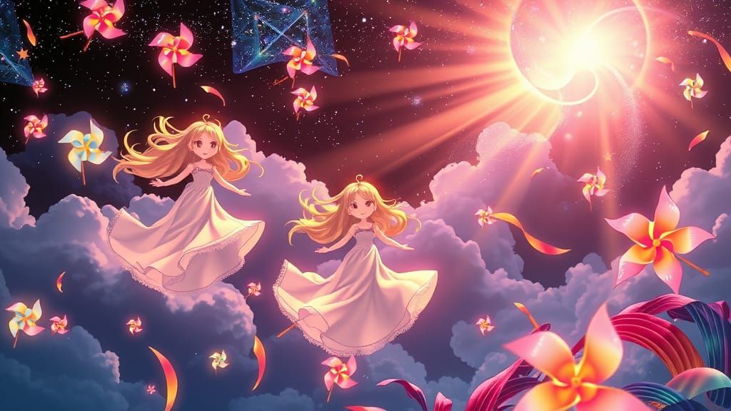 Dreamlike Bioluminescent Pinwheels with Smiling Girls