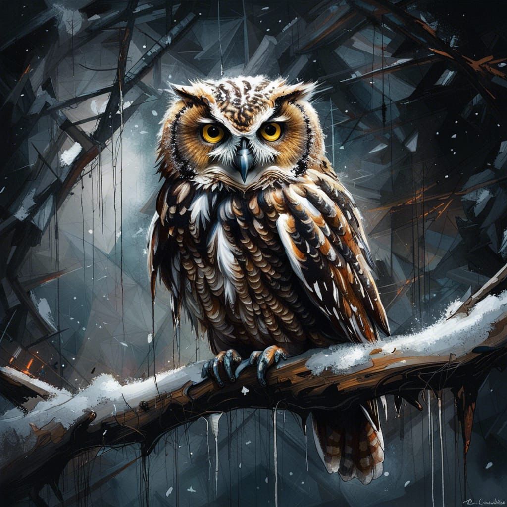 Owl on Snowy Branch in Oil Painting Style