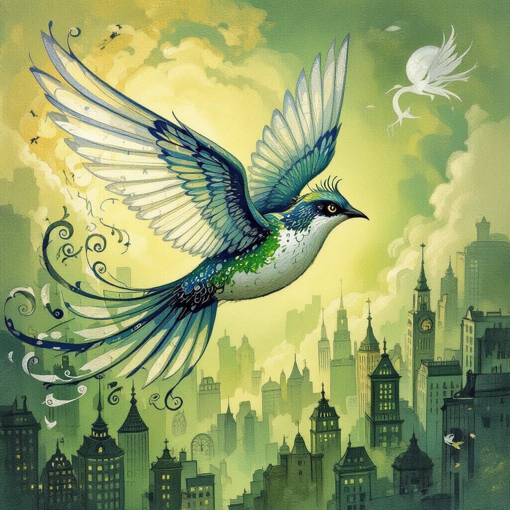 Winged Animal Soaring in Chagall-Inspired Dreamscape