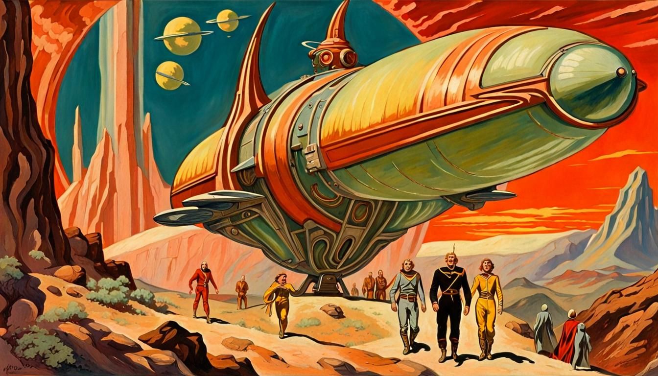 Flash Gordon and friends Departing Their Spaceship On planet of Mongo
