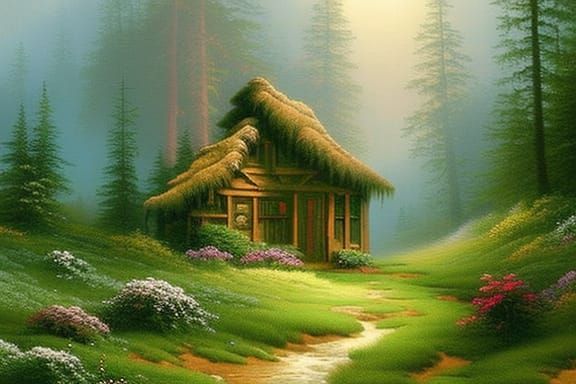 Ethereal Forest Cabin in Thomas Kinkade Style