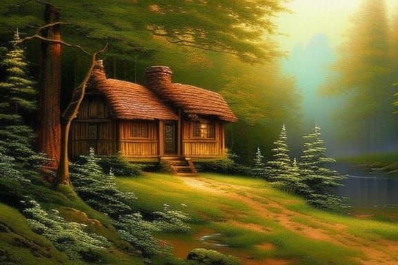 Ethereal Forest Cabin in a Thomas Kinkade Style
