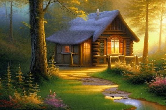 Ethereal Cabin in Misty Forest, Luminist Painting