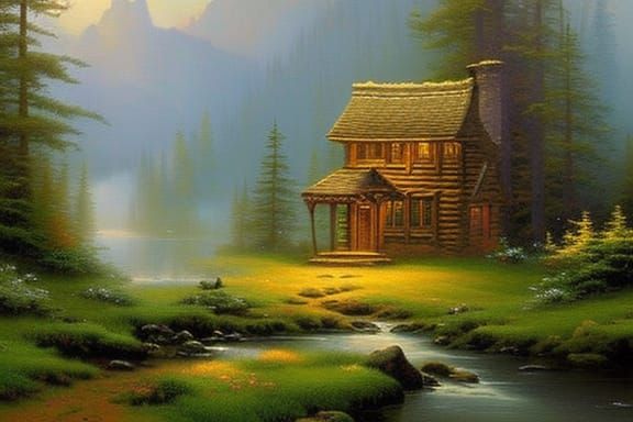 Ethereal Forest Cabin in Thomas Kinkade Style
