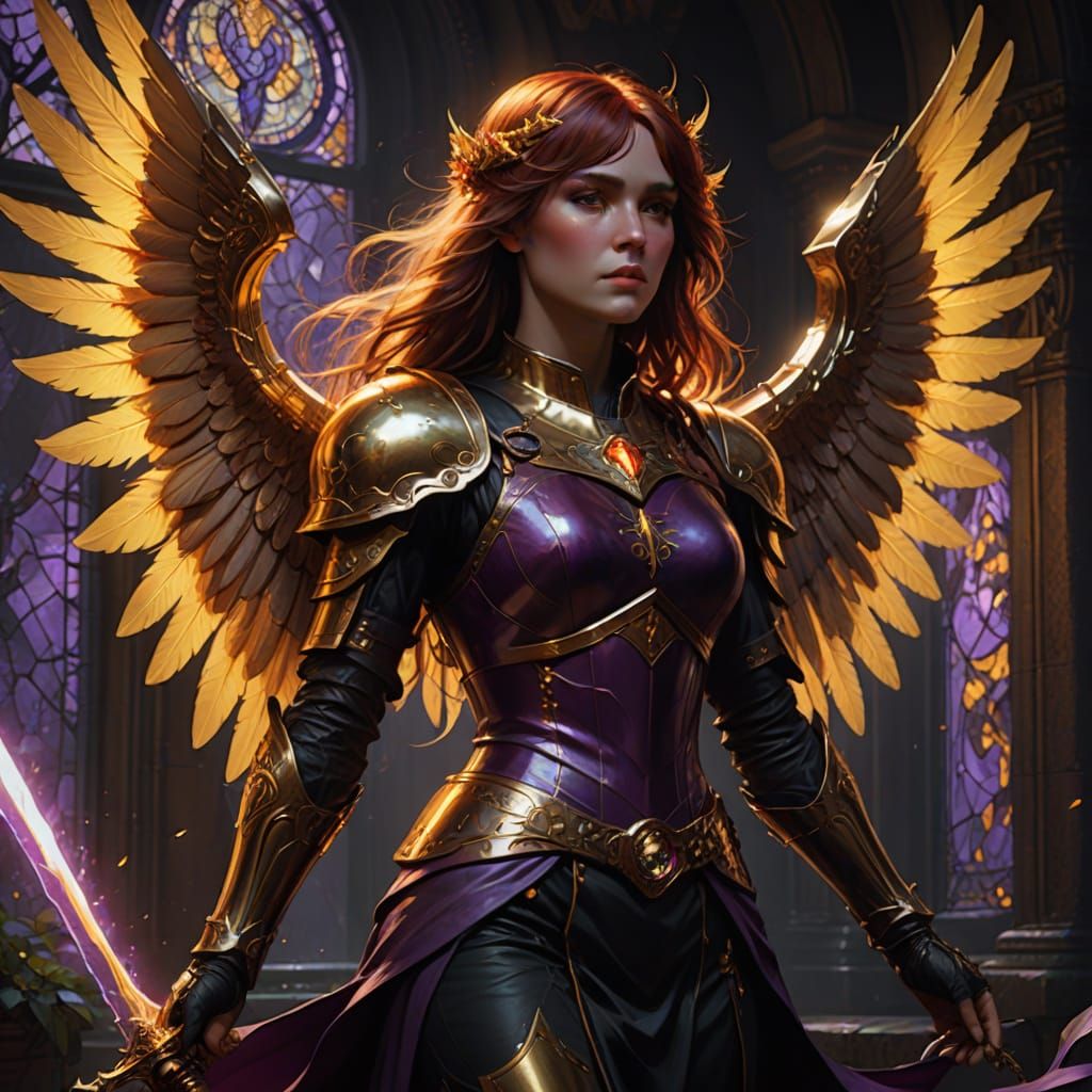 Ethereal Sci-Fi Goddess with Fiery Wings and Golden Sword