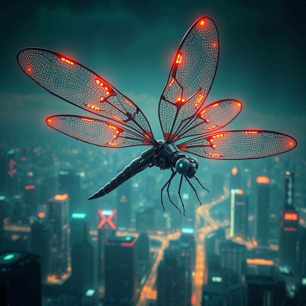 Biomechanical Dragonfly over Cyberpunk City in Cyberpunk Sty...