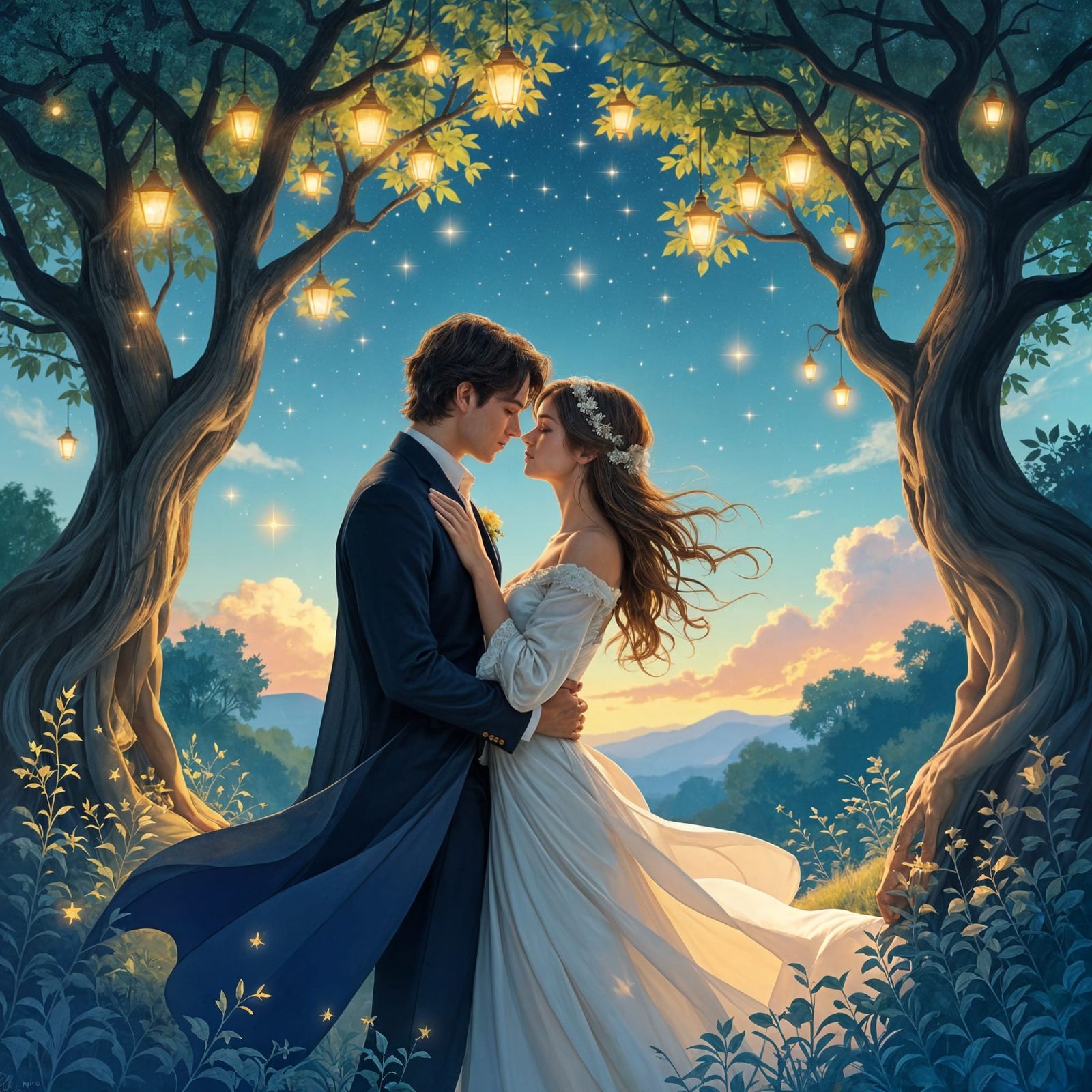 Couple's Tender Moment Under Starlit Sky in Enchanted Forest