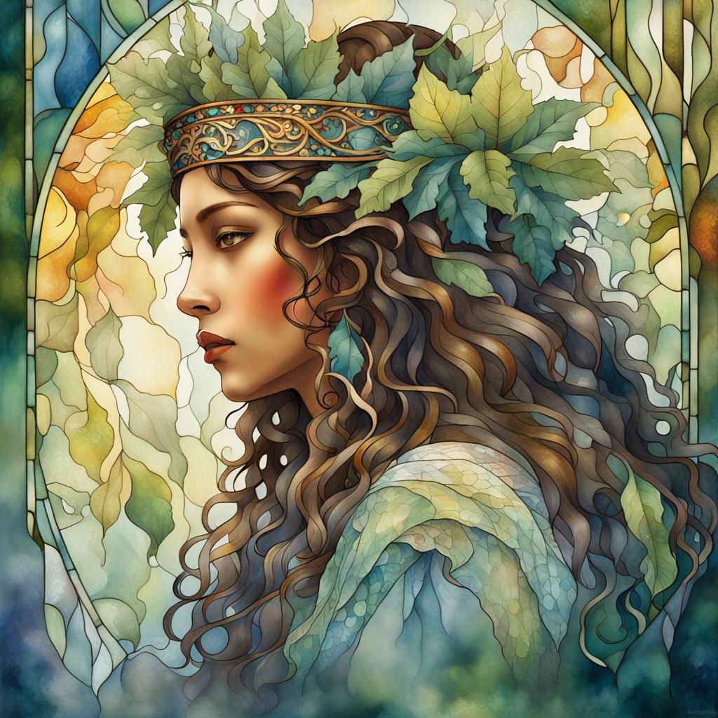 Ethnic Maiden Portrait with Foliage, Mucha-Inspired Art