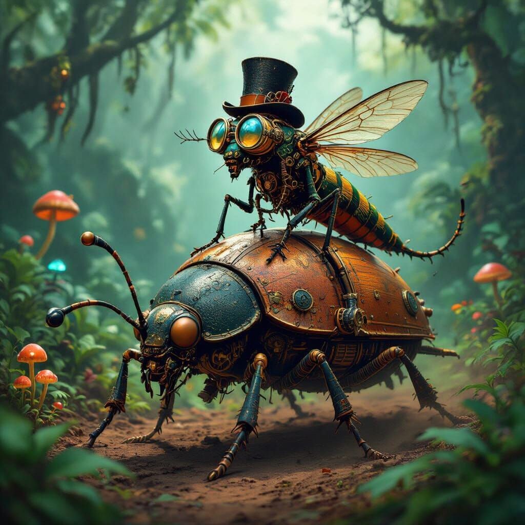 Steampunk Mosquito Rides Mechanical Beetle in Jungle