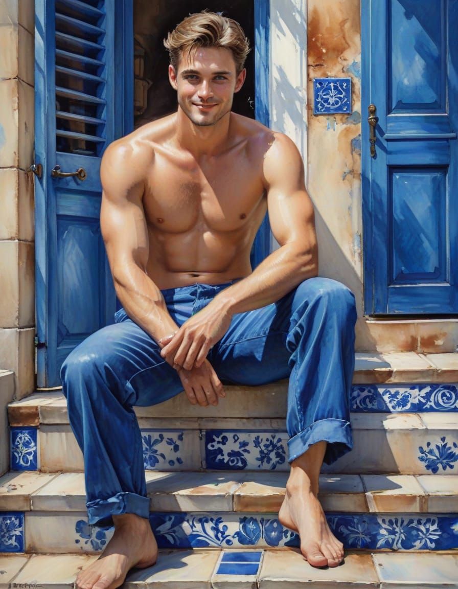 Delft Blue Boy on Tiled Stairs, Watercolor Style