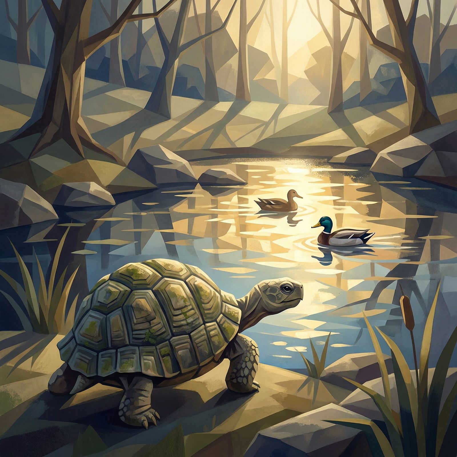 Wise Tortoise Approaches Sunlit Pond with Ducks