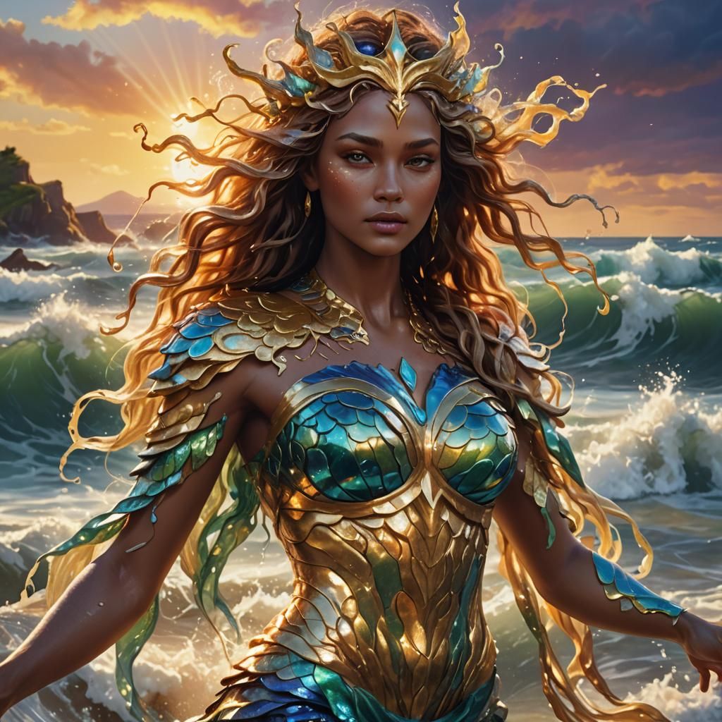 Sea Goddess Amidst Waves: Digital Painting