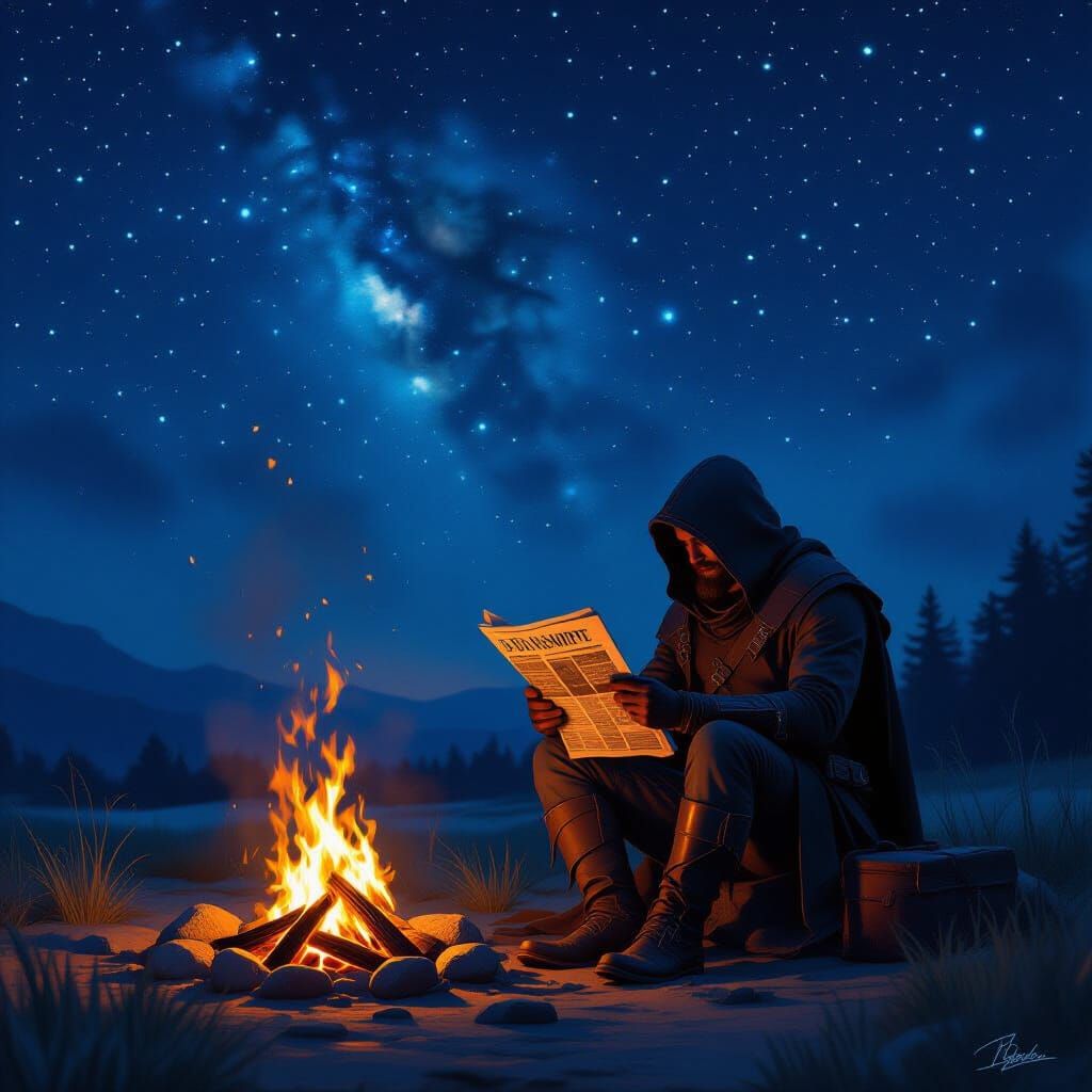 Campfire Contemplation Under Starry Sky in Fantasy Art Style