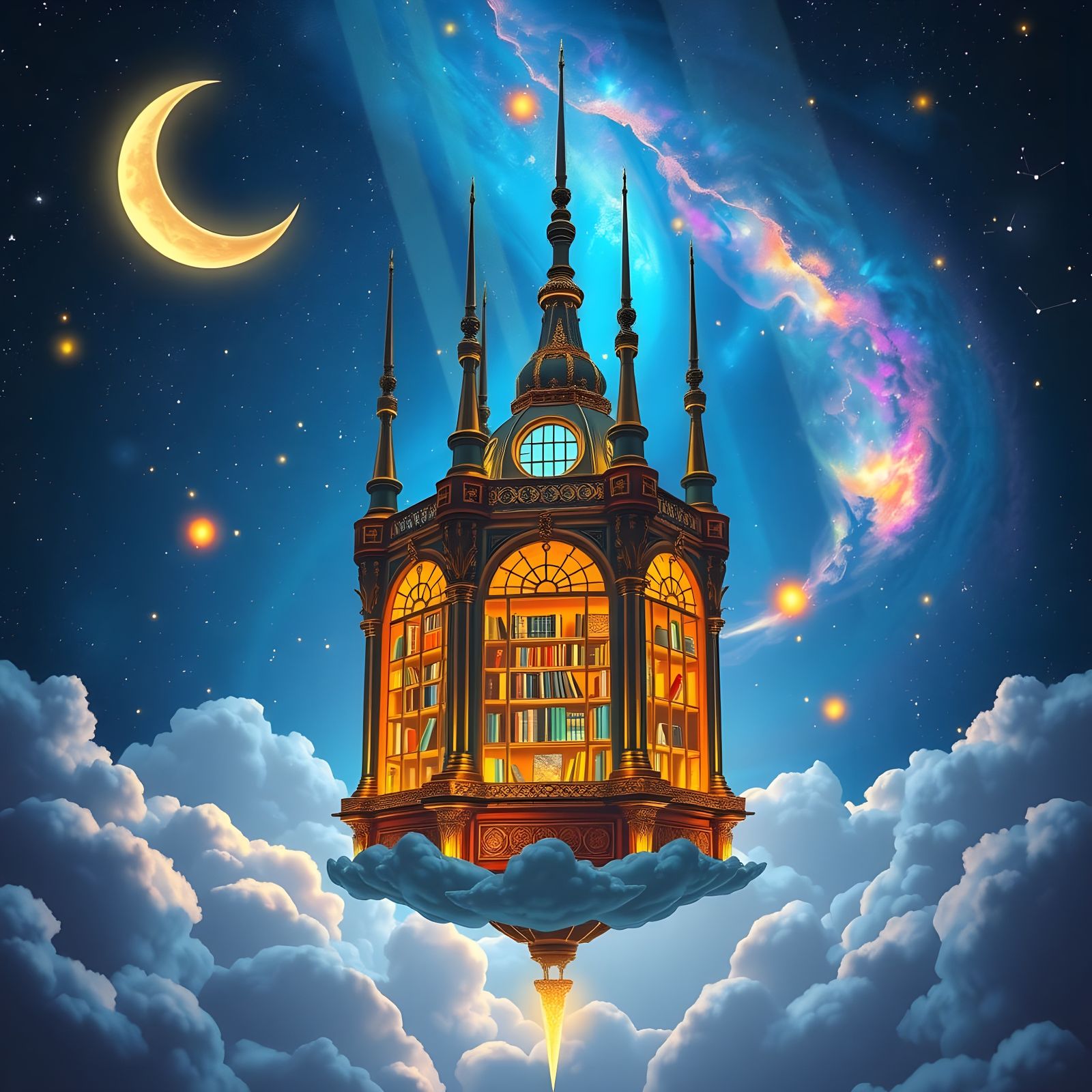 Enchanted Celestial Library in Ethereal Night Sky