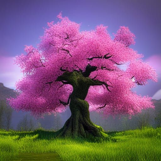 Cherry Blossom Tree in Meadow: Fantasy Concept Art