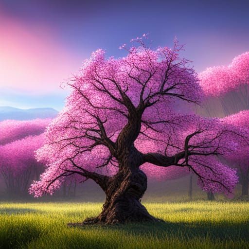 Cherry Blossom Tree in Meadow: Fantasy Concept Art