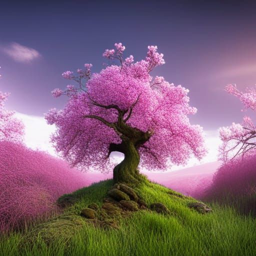 Cherry Blossom Tree in Meadow: Fantasy Concept Art