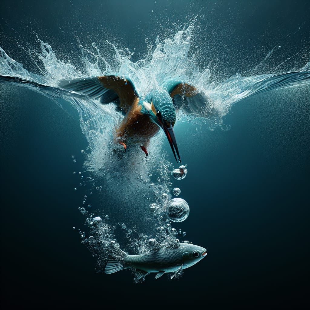 Hyperrealistic Underwater Kingfisher Dive