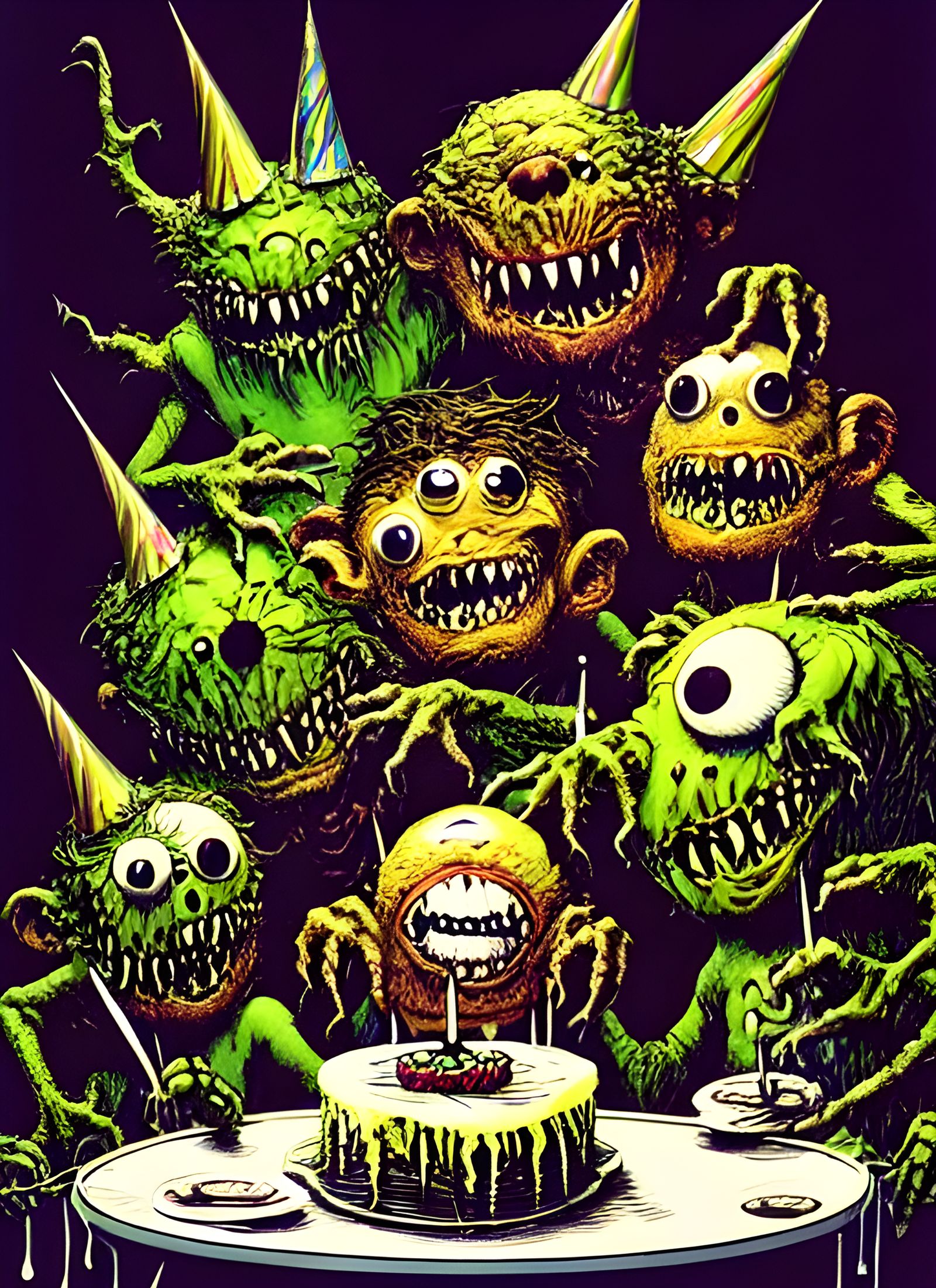 Monsters Celebrate Birthday in Sinister Cartoon Horror Style