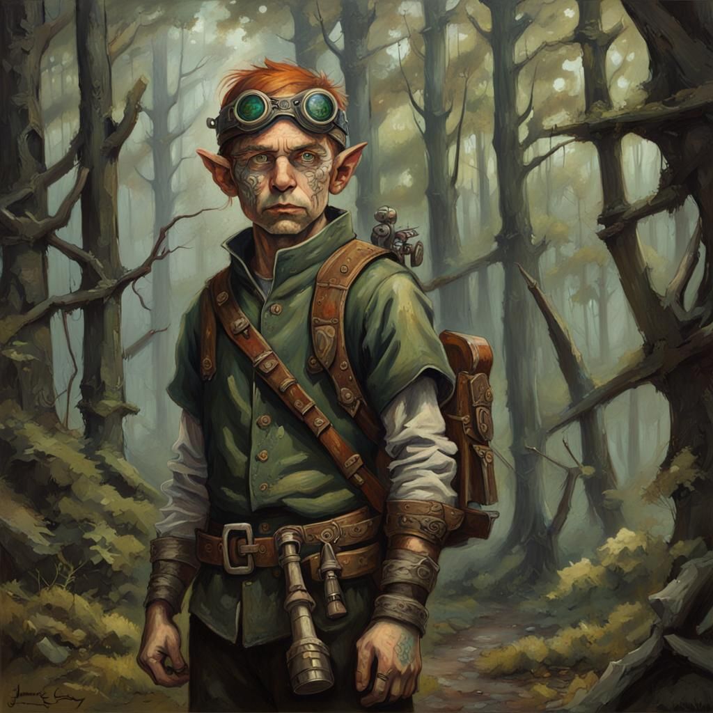 Halfling Elf Mechanic in Post-Apocalyptic Forest
