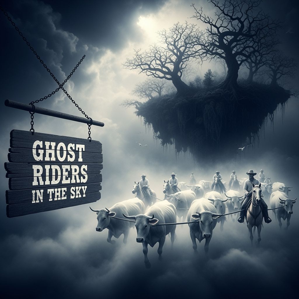 Cowboys and Ghostly Forest in Cloudy Sky