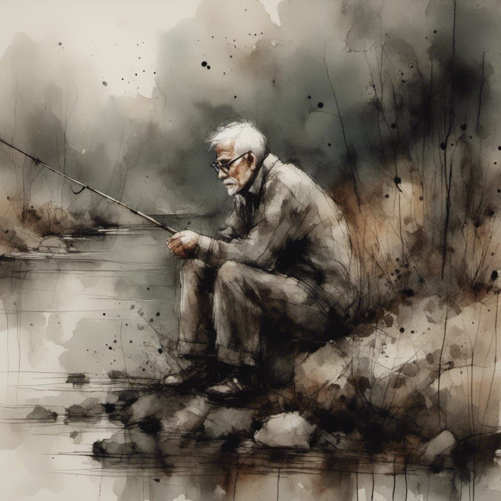Elderly Man Fishing: An Oil Painting