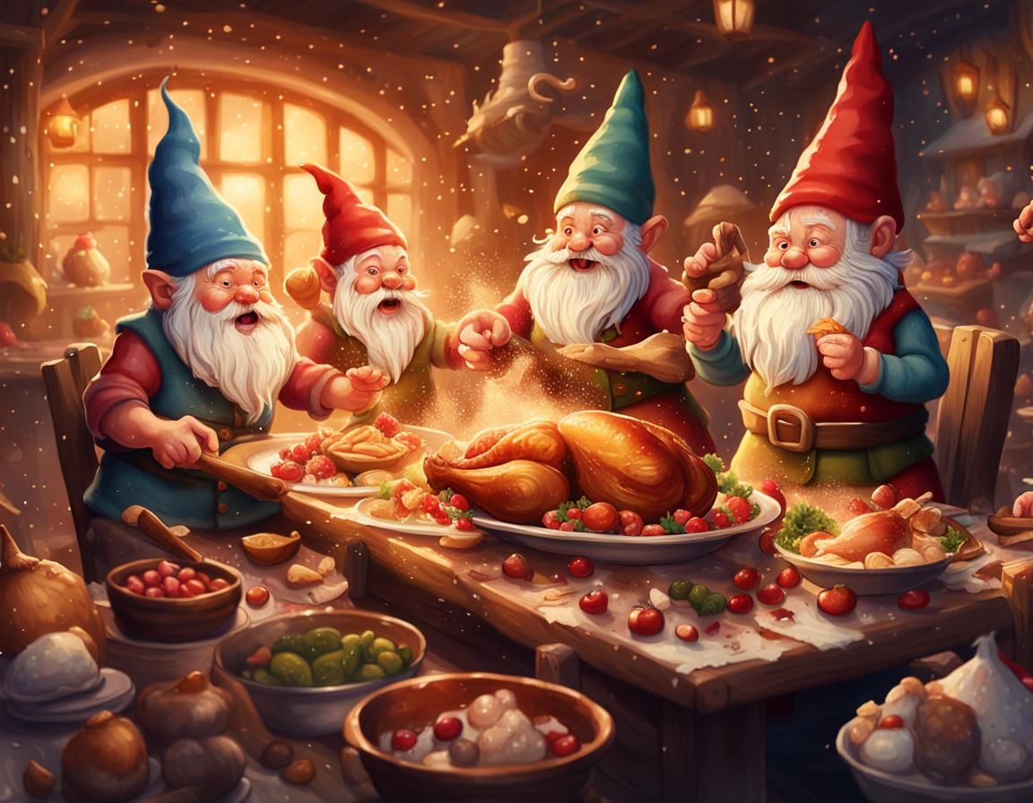 Gnomes Food Fight in Folk Art Style