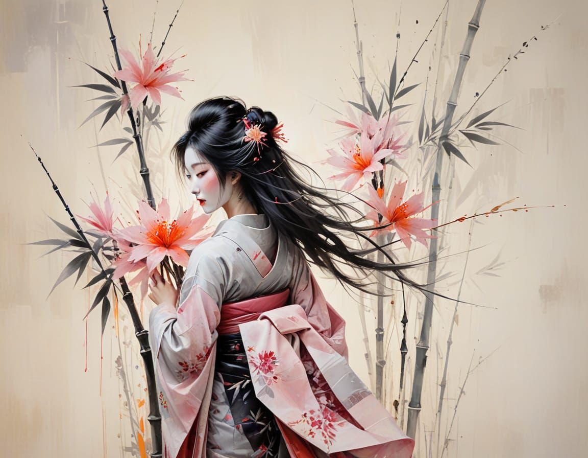 Geisha in Bamboo Grove at Sunset, Digital Painting