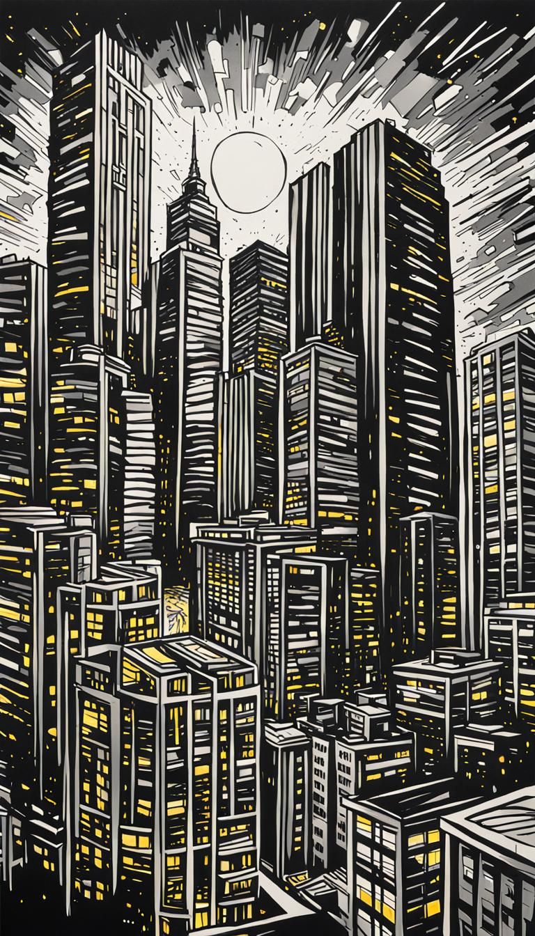 Nightlit Skyscrapers in Sharpie Marker Style