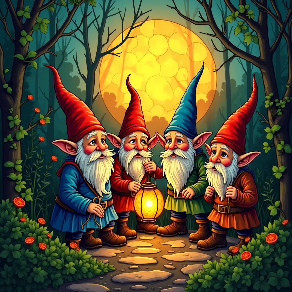 Gnome Family Gathered in Modern Stained Glass Style