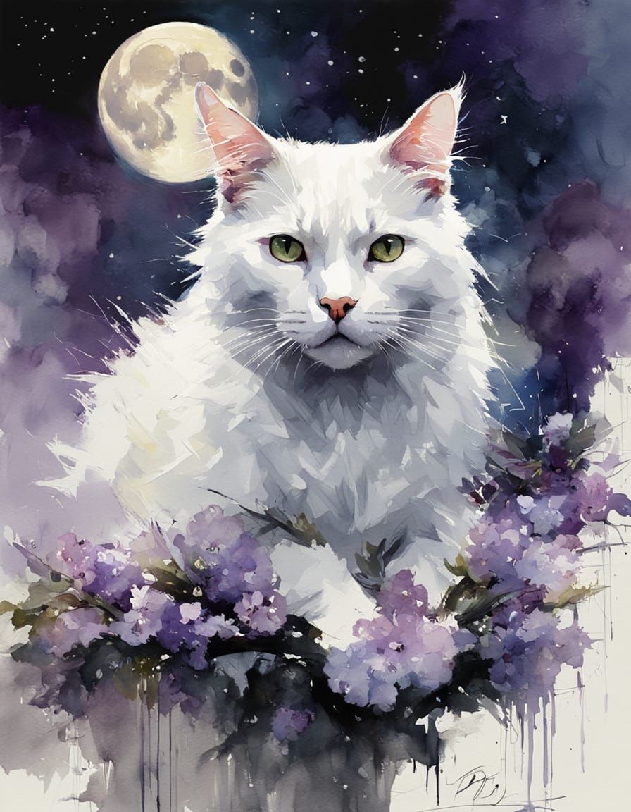 Beautiful Watercolor of White Cat under Full Moon