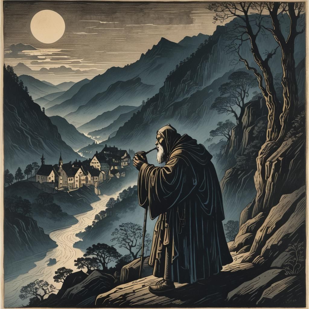 Medieval Monk on Mountainside in Woodcut Style