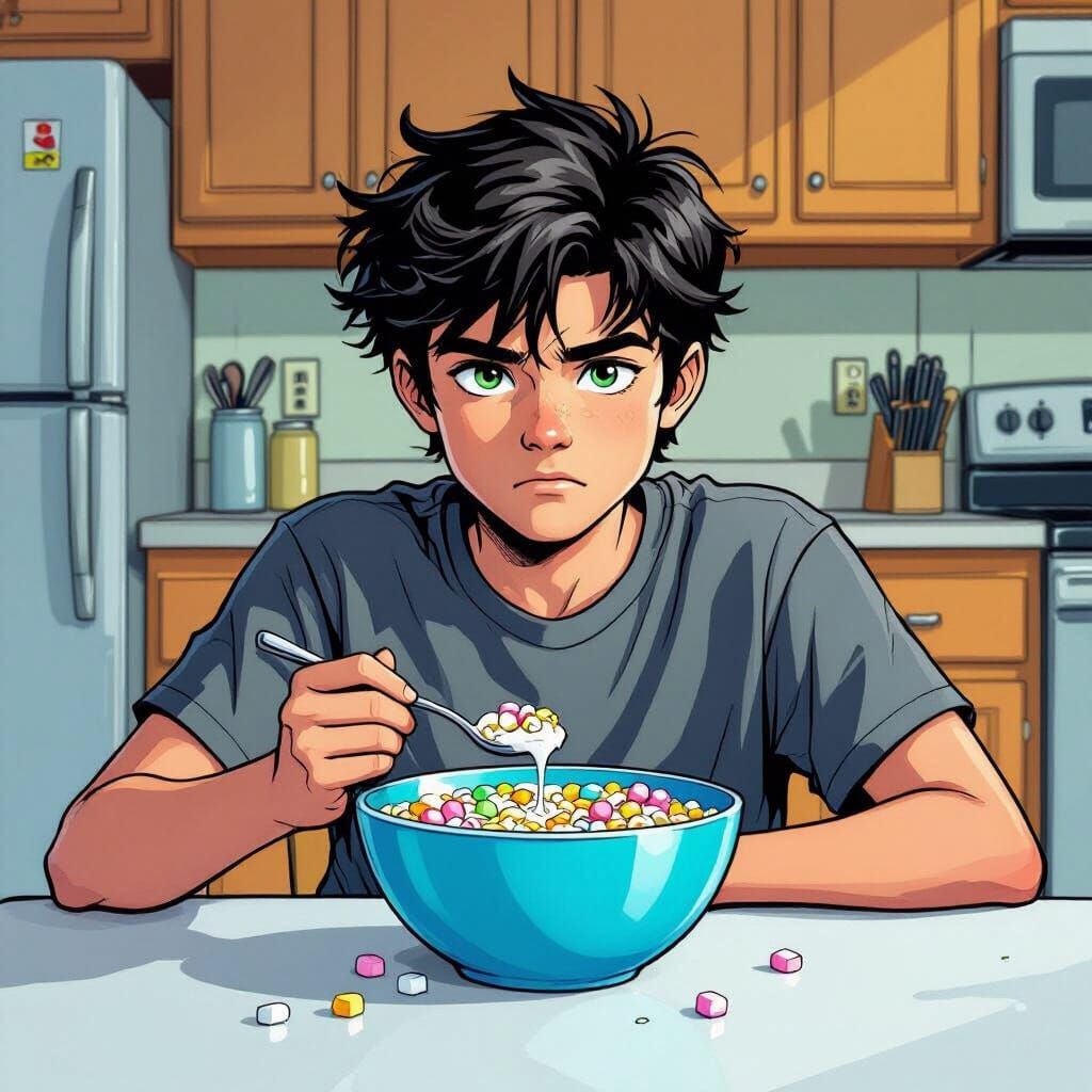 Teenage Boy Eating Cereal in Comic Book Style