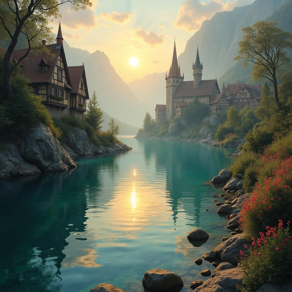 Serene Lakeside Medieval Town in Kinkade Style