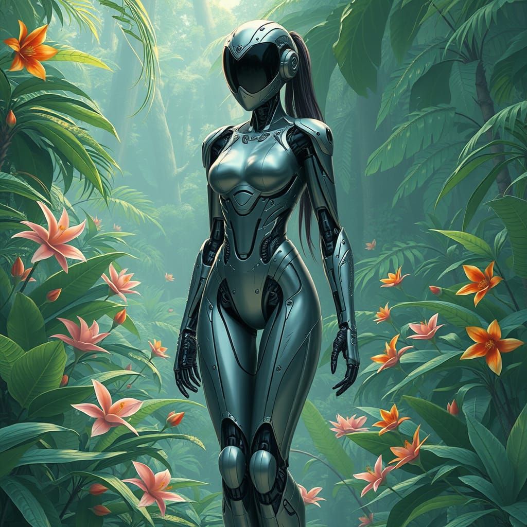 Female Robot in Lush Rainforest, Futuristic Art Style