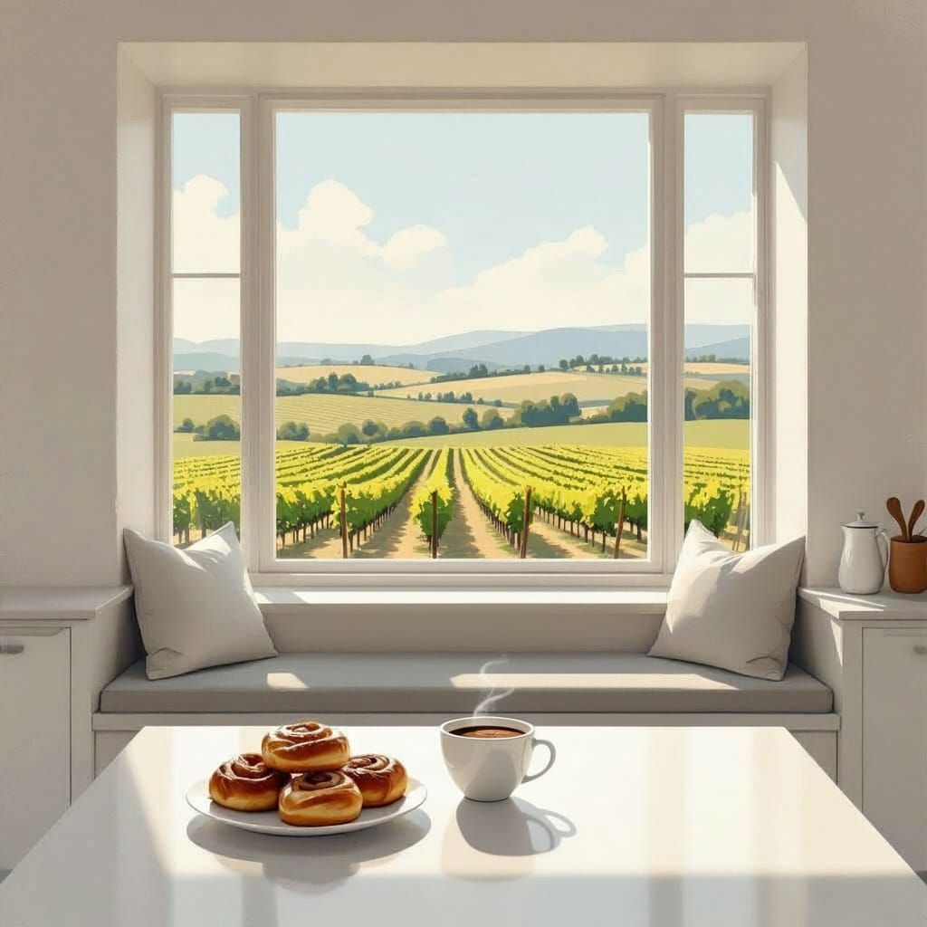 Minimalist Kitchen Overlooking Vineyard with Coffee and Cinn...