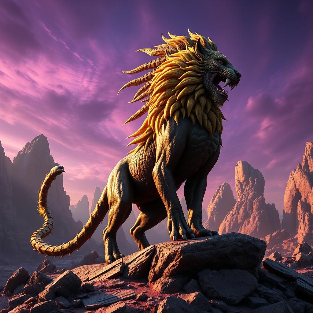 Majestic Manticore in Mystical Landscape, 8K Render
